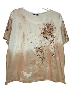 Damen T-Shirt Kurzarm Rundhals DELMOD Gr. 50 weiß/braun gemustert Glitzersteine - Bild 1 von 7