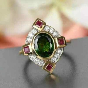 2.20Ct Oval Cut Lab Created Green Emerald Engagement Ring 14K Yellow Gold Plated - Picture 1 of 5