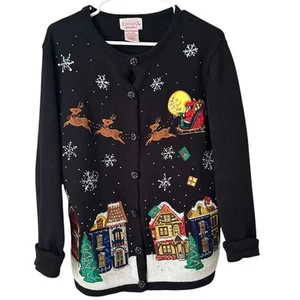 Cardigan Maglione Natalizio Vintage Basic Editions Holiday M Nero Ricamato Perline - Foto 1 di 9