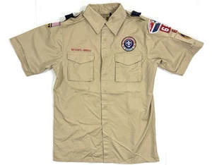 Boy Scouts Of America BSA Adult Uniform Shirt Size Small Khaki Sewn Patches - Picture 1 of 10