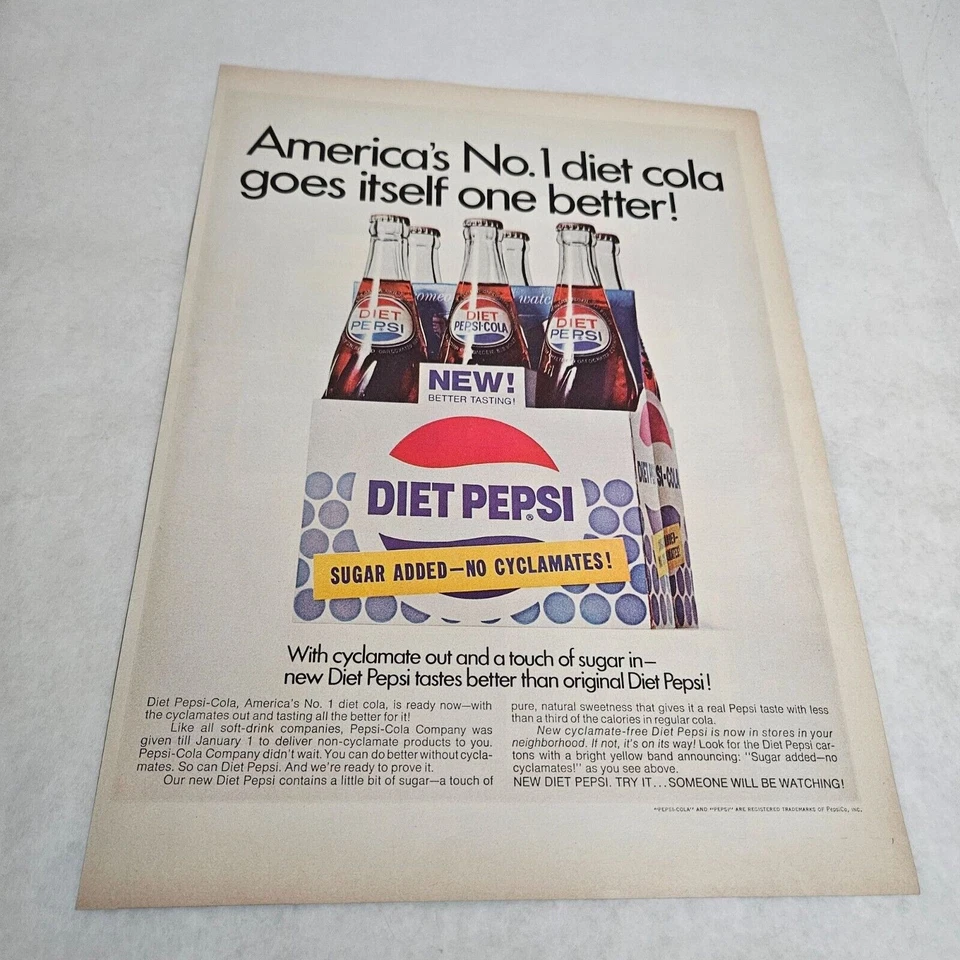 Diet Pepsi-Cola 6-pack carton No Cyclamates Sugar Added Vintage Print Ad 1969 - Image 1 of 1