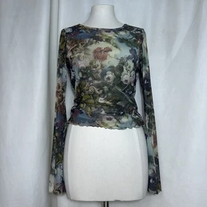 Vintage Y2K Roman Art Top Damen Medium Cherub AOP Mesh Glockenärmel Blumen Shirt - Bild 1 von 13