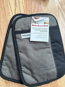 KitchenAid Pot Holders Set of 2 – Gray & Black, Cotton/Silicone Grip, 7x10 - Picture 1 of 2