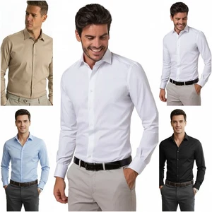 Camicia da Uomo Slim Fit Cotone Elasticizzata Manica Lunga Bianca Elegante L XL - Foto 1 di 52