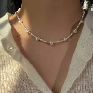 Genuine 17" Natural AAA AKOYA White Baroque Pearl Necklace 14k Yellow Gold P - Picture 1 of 6