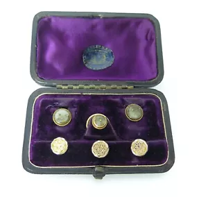 Antique 18ct Gold & Quartz Gold Fleck Tuxedo Studs & Rolled Gold Studs in Box - Picture 1 of 10