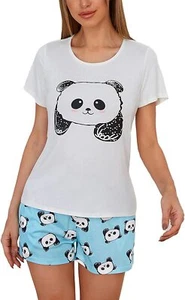 Ladies Cartoon Sleepwear Pockets Elastic Waist Graphic Round Neck Panda Print - Picture 1 of 7