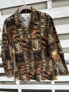 Erin London Shirt Multi Animal Print Button Front Long Sleeves 100% Silk Size M. - Picture 1 of 14