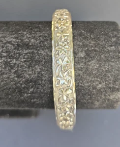 Antique Vintage Sterling Silver Bangle Bracelet with Flower & Clover Leaf Design - Picture 1 of 9