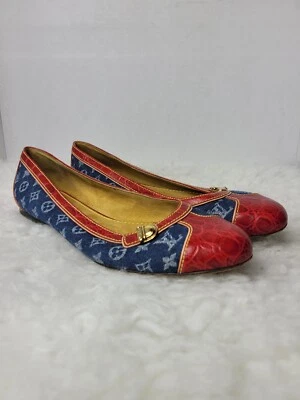 Louis Vuitton Monogram Denim Ballet Flat Red Leather Trim 36 Crocodile Embossed  - Image 1 of 4