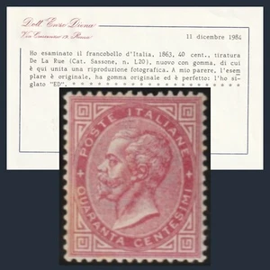 Italia Regno 1863 DLR cent. 40 rosa Londra L 20 Centrato Certificato Diena MH TL - Foto 1 di 4