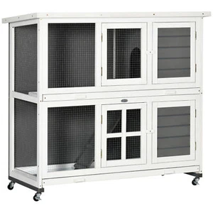 PawHut Wooden Rabbit Hutch, Small Animal House w/ Wheels, Removable Tray - Grey - Picture 1 of 11