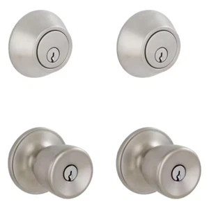 Brill Satin Stainless Steel Single Cylinder Deadbolt & Keyed Entry Door Knob - Picture 1 of 1