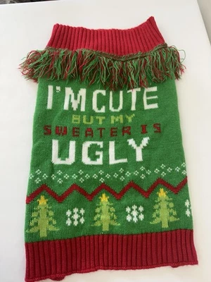 Dog Ugly Christmas Sweater Large Fringe Green Red I’M CUTE BUT SWEATER IS UGLY  - Image 1 of 4