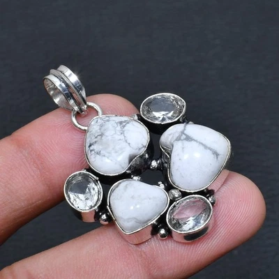 Pingente de joia Howlite jaspe branco topázio feito à mão 1,70" A154 - Imagem 1 de 3