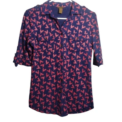 Copper Key Navy Blue Red Rooster Novelty Knit Button Blouse  3/4 Sleeve Size S - Image 1 of 4