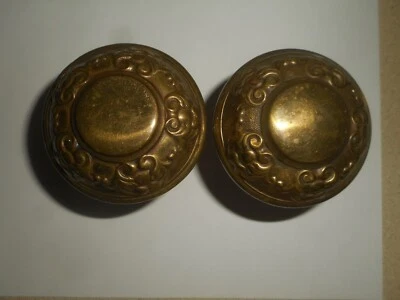 Vintage Brass Doorknobs 2 Eastlake Door Knobs Ornate Repousse Design Pair - Image 1 of 4