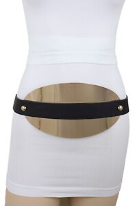 Women Black Brown Elastic Luxury Stylish Fashion Belt Oval Gold Metal Plate S M