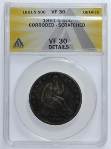 1861-S US Seated Liberty Half Dollar 50c, ANACS VF30 Details - Picture 1 of 4