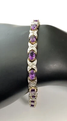 Amatista/ 0,15 quilates de diámetro Brazalete de tenis enchapado en oro amarillo de plata 925 talla 7"" Foto 1 de 4