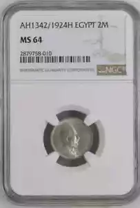 EGYPT 2 MILLIEMES KING FUAD AH1342/ 1924H NGC MS 64 RARE - Picture 1 of 3