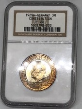 1929-A GERMANY 🇩🇪 WEIMAR 3-M Reichsmark Mark PR66 PROOF Weimar Constitution