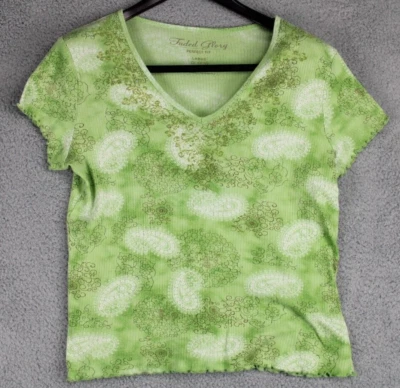Top para mujer Faded Glory talla L verde blanco cachemira con volantes manga corta algodón Foto 1 de 4