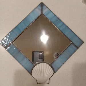 Vtg Stain Glass Diamond Shaped Wall Mirror SilverMetal Frame with Seashell" - Picture 1 of 4