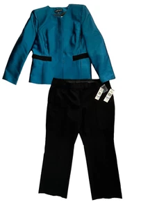 ALBERT NIPON Peacock Blue Wool & Silk 2PC Suit Blazer|Pants Set Size 18 - Picture 1 of 9