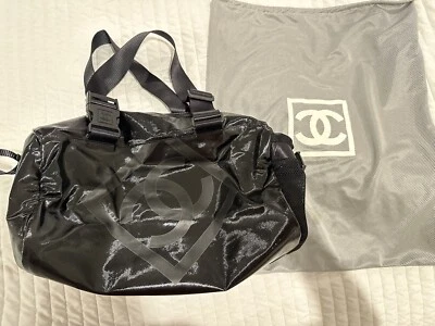 Vintage Chanel Black Vinyl Coated Canvas Sports Line Travel Duffle Gym Bag Tote - Image 1 of 4