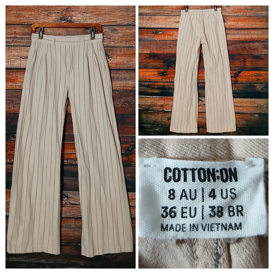Pantalones de algodón talla 4 pierna ancha tiro alto mezcla de algodón lino tostado a rayas plisado Foto 1 de 4