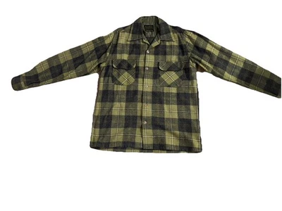 复古男式 Store Sears 羊毛/尼龙混纺绿色格子衬衫 M 15-15 1/2 口袋 — 第 1/4 张图片