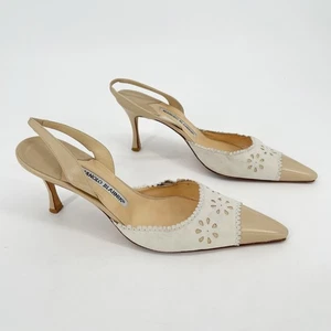 Manolo Blahnik Retro Floral Ojales Beige Punta Puntera Tacón Eslinga IT 40 - Imagen 1 de 10