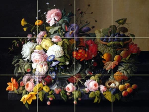 16 x 12 Art Flowers Fruit Mural Tumbled Marble Tile Backsplash #1804 - Picture 1 of 2