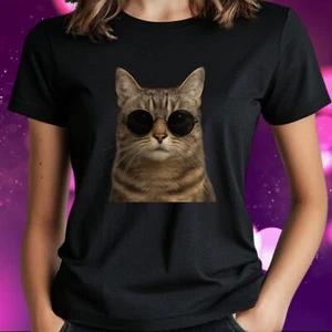 T-Shirt Frauen Katze mit Sonnenbrille Motiv Baumwolle Größe S bis 3XL - Picture 1 of 1