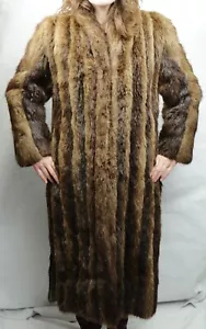 VTG Beaver Fur Coat Womens M Brown Full Length Long Sleeve Fluted Stand Collar - Picture 1 of 10