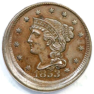 1853 ANACS AU 55 5% Off Center Braided Hair Large Cent Coin 1c - Picture 1 of 3