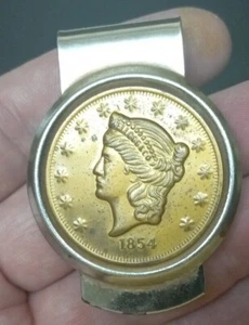 1854 Gold Brass LIBERTY $20 Double Eagle Coin Replica Money Clip - Picture 1 of 4