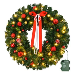24 in Pre-Lit Outdoor Christmas Wreath with 50 LED Lights Bows Decoration Xmas - Picture 1 of 7
