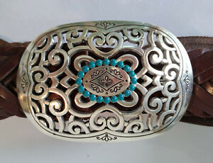 Brighton Sz 36 Large Silver Turquoise Concho Belt Buckle Woven Brown Leather