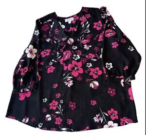 Elle Blouse Womens XL Black Floral Sheer Flowy Boho Capsule Wardrobe Loose