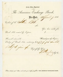 1856 American Exchange Bank NY lettera banconote sigillo R. Baylis autografo scritto a mano - Foto 1 di 2