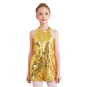 Kids Girls Jumpsuit Strapy Back Dancewear Birthday Romper Allover Sequin Shiny - Picture 1 of 82