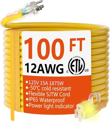 12/3 Gauge Heavy Duty Outdoor Extension Cord 100 Ft Waterproof with Lighted End - Image 1 of 4