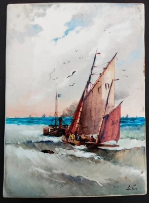 MARINE VOILIER ET BATEAU VAPEUR TABLEAU RARE PLAQUE PORCELAINE SIGNE LC 19 EME - Photo 1/4