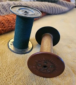 Antique Textile Spool Lehigh Valley Scranton PA Lot (2) Wooden + Metal *Read* - Picture 1 of 7