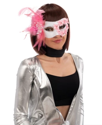 Ladies Masquerade Mask Pink Kanzashi Flowers Feathers & Pearls Fancy Dress - Image 1 of 2
