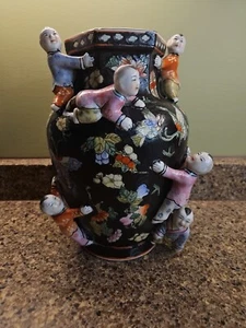 Porcelain Fertility Vase Chinese Japanese Hand Painted Black w kids - Picture 1 of 10