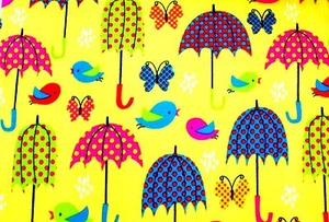 BTY*UMBRELLA BIRDS, BUTTERFLIES ON YELLOW BACKGROUND FLEECE FABRIC 1 YD 60 X 36" - Picture 1 of 2