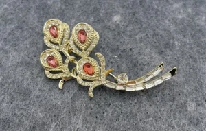 Pink & Clear Rhinestone Flower? Gold Tone Brooch Pin Fashion Jewelry Unmarked - Picture 1 of 2
